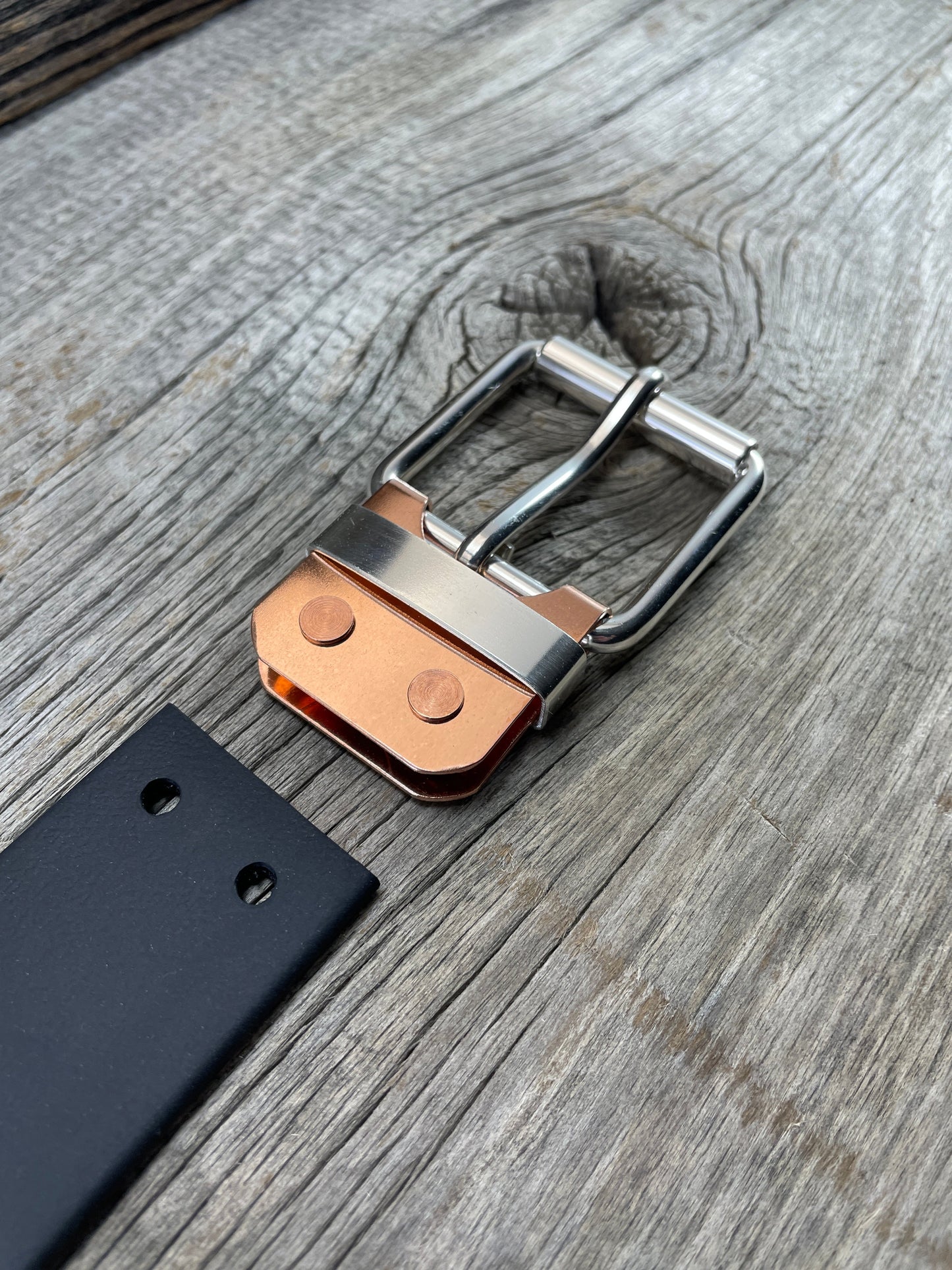 (SB-02)Leather- Sterling Silver Belt Plate Buckle w/ Copper Belt Plate and Premium Leather Belt