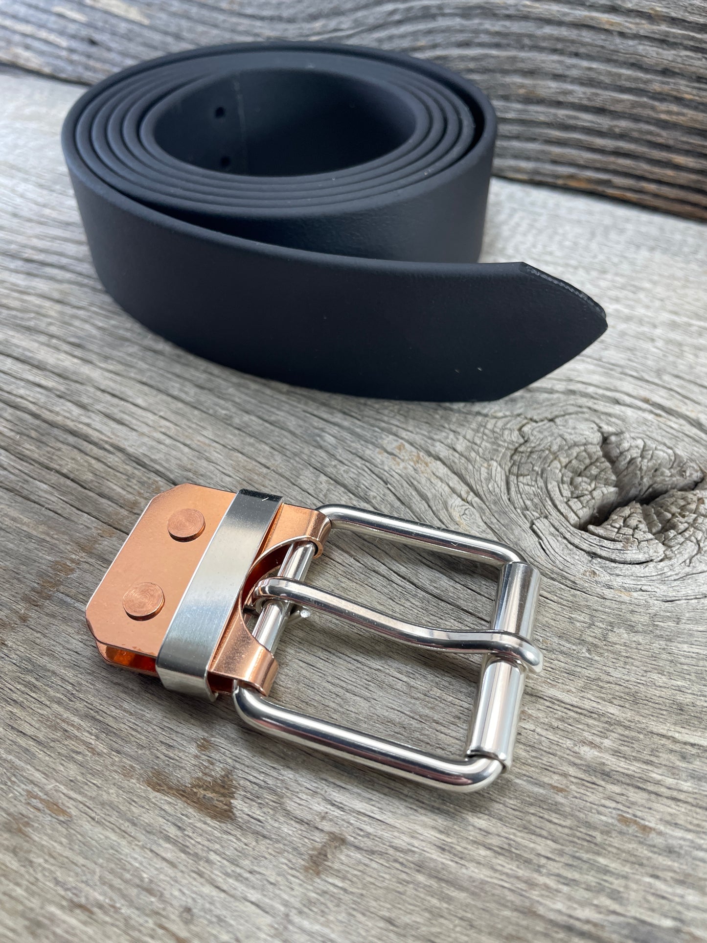 (SB-02)Leather- Sterling Silver Belt Plate Buckle w/ Copper Belt Plate and Premium Leather Belt