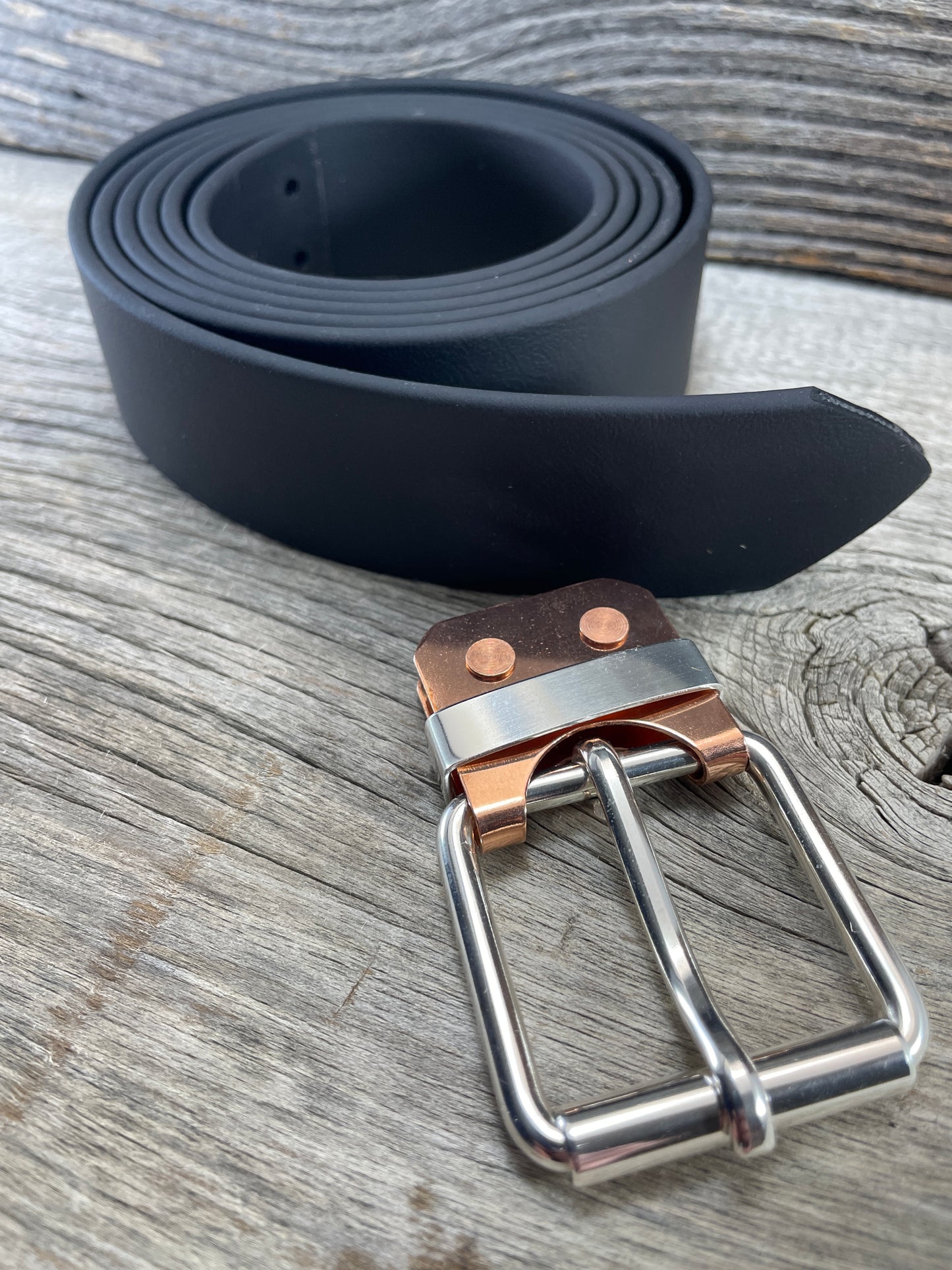 (SB-02)Leather- Sterling Silver Belt Plate Buckle w/ Copper Belt Plate and Premium Leather Belt