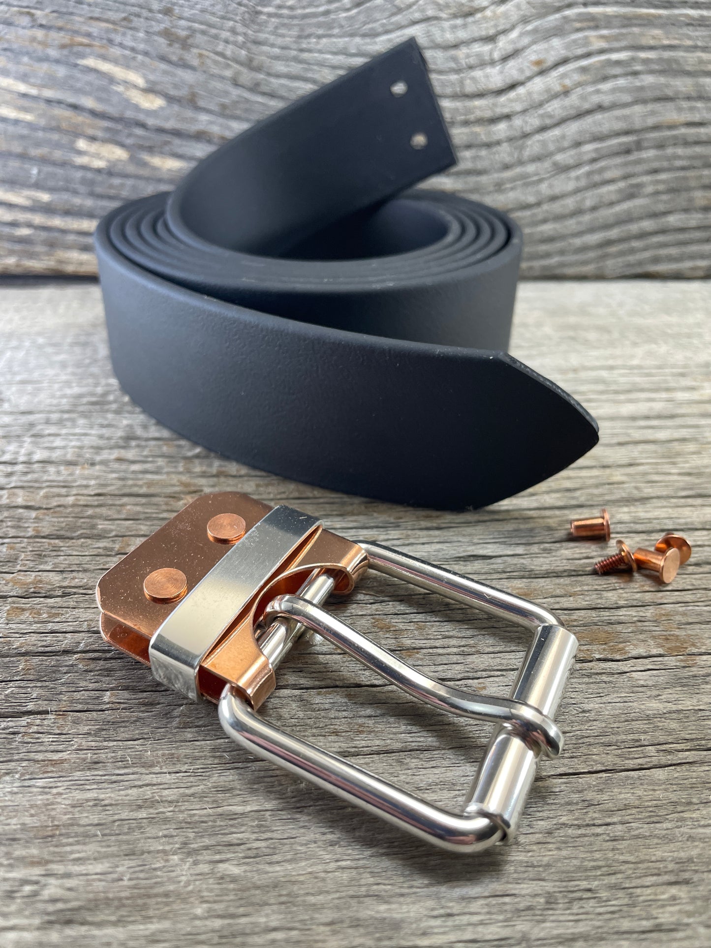 (SB-02)Leather- Sterling Silver Belt Plate Buckle w/ Copper Belt Plate and Premium Leather Belt