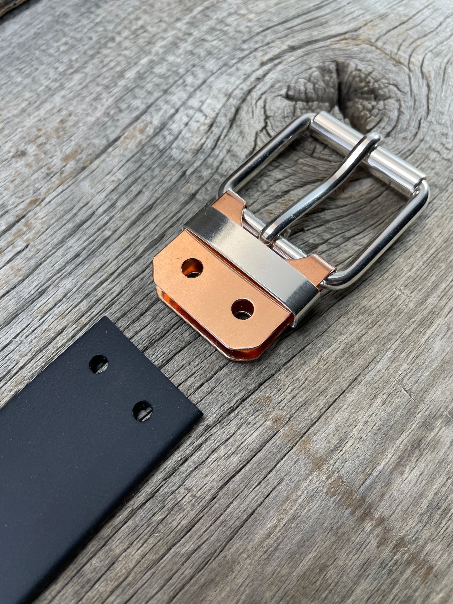 FLEX(SB-02)72 - Silver and Copper Belt-Plate Buckle - Silver Buckle - Copper Belt-Plate - Silver Keeper on WeatherFlex Strap 72"