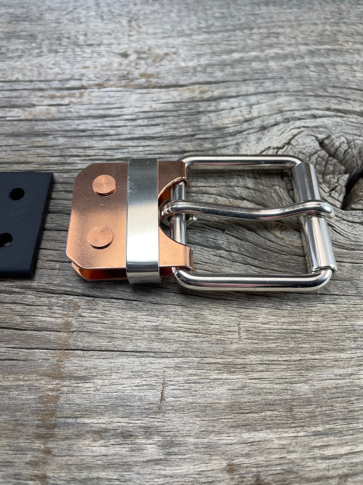 FLEX(SB-02)72 - Silver and Copper Belt-Plate Buckle - Silver Buckle - Copper Belt-Plate - Silver Keeper on WeatherFlex Strap 72"