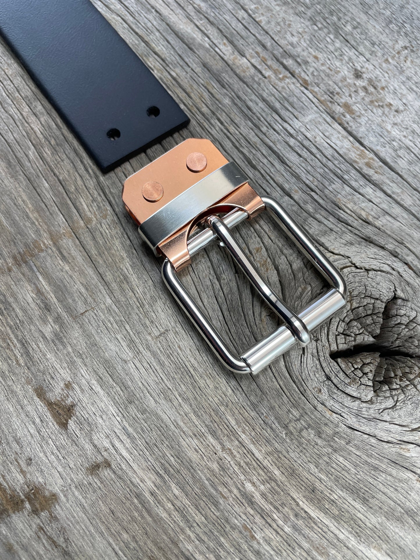 FLEX(SB-02)72 - Silver and Copper Belt-Plate Buckle - Silver Buckle - Copper Belt-Plate - Silver Keeper on WeatherFlex Strap 72"
