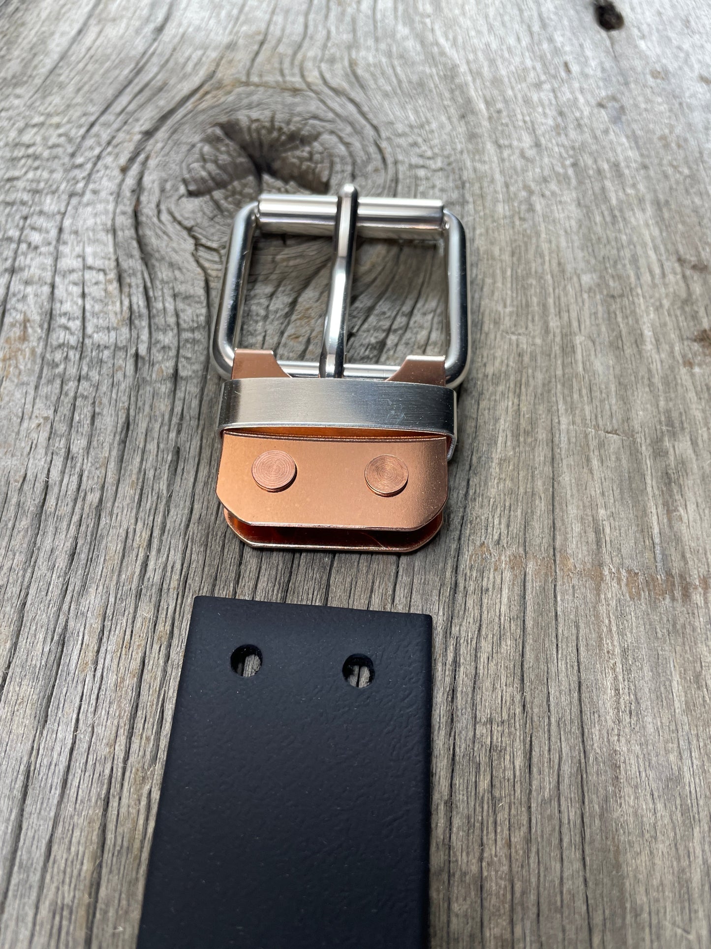 FLEX(SB-02)72 - Silver and Copper Belt-Plate Buckle - Silver Buckle - Copper Belt-Plate - Silver Keeper on WeatherFlex Strap 72"