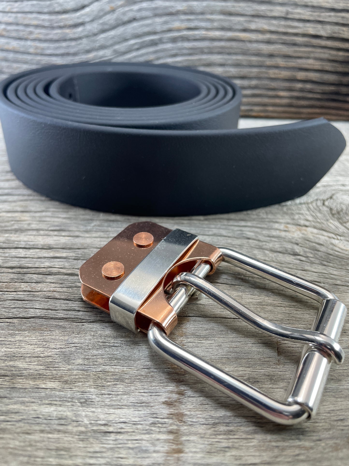 FLEX(SB-02)72 - Silver and Copper Belt-Plate Buckle - Silver Buckle - Copper Belt-Plate - Silver Keeper on WeatherFlex Strap 72"