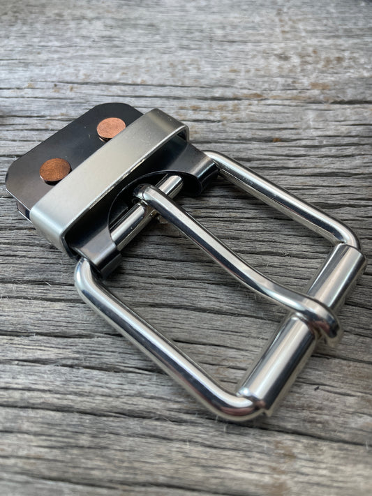 (SB-05)1- Sterling Silver and Gunmetal Belt-Plate Buckle with Silver Keeper Loop